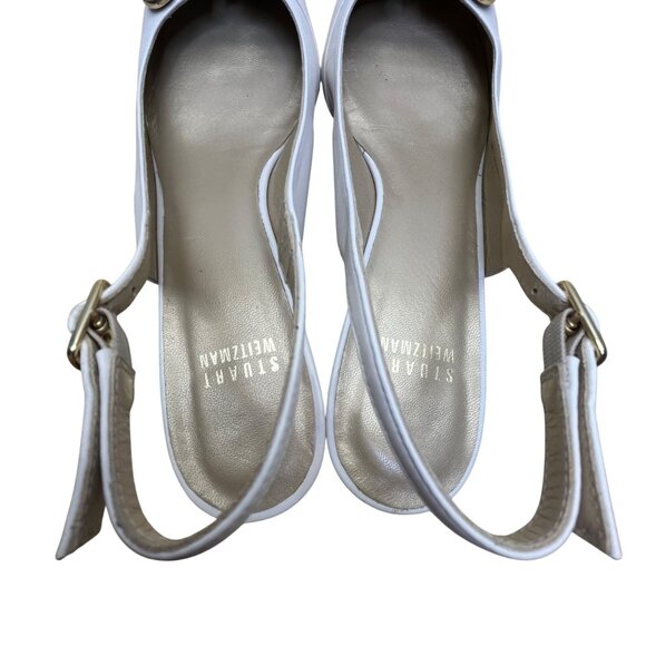 Stuart Weitzman Women’s White Leather Gold Tips Slingback Kitten Heels Size 8.5N - Picture 5 of 10